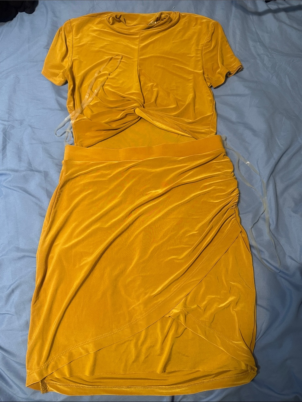 Mustard Yellow Two-Piece Twist Top & Ruched Skirt Set